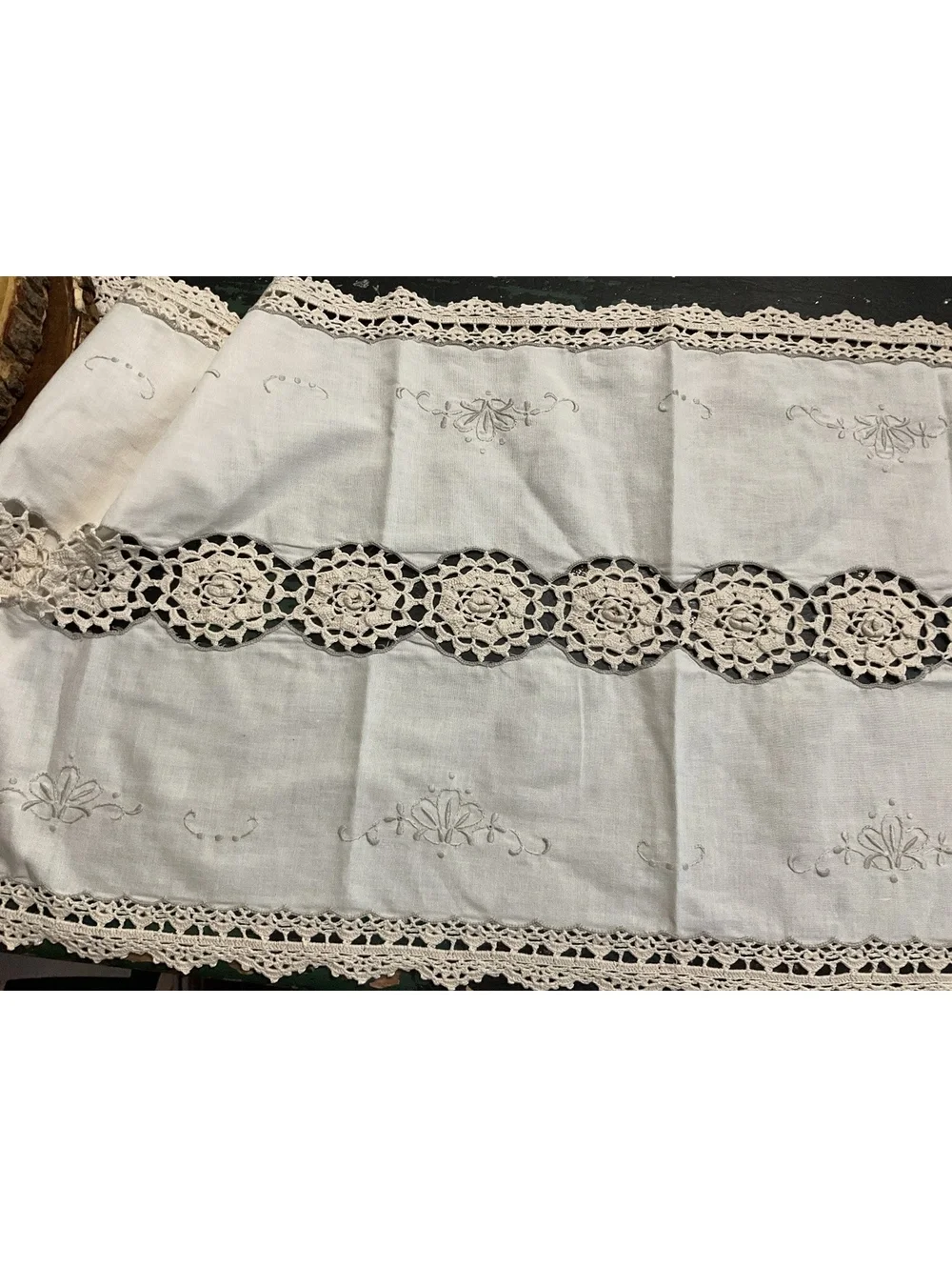 Handcrafted Embroidered Linen Table Runner with Crochet Lace 52” x 14 1/2”